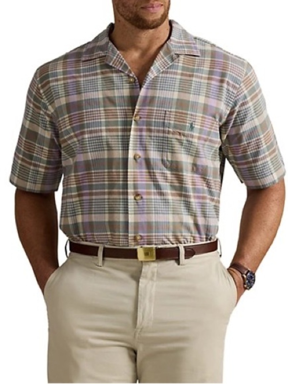 Plaid Short-Sleeve Button-Up Shirt in Multi-Color